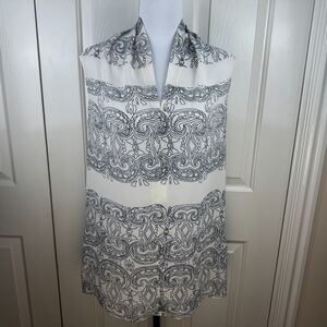 CAbi Scrollwork Tunic Blouse Women Sz S Ivory Semi Sheer Sleeveless VNeck